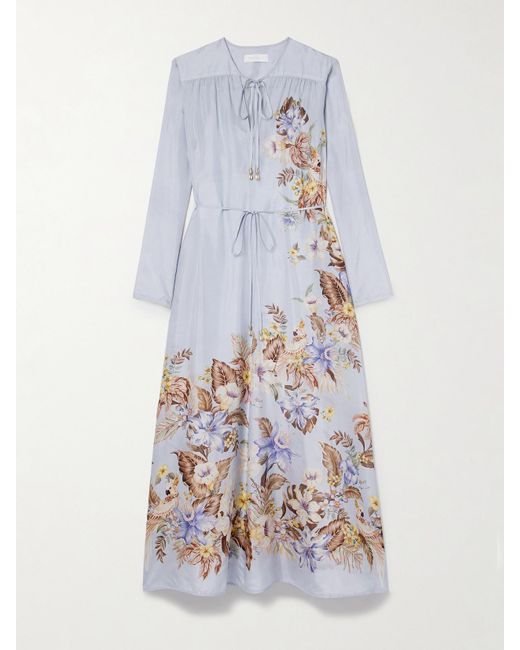 Zimmermann White Coco Belted Printed Silk-Satin Maxi Dress