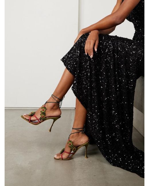 Manolo Blahnik Metallic Palissot 105 Leather-Trimmed Appliquéd Grosgrain And Satin Sandals