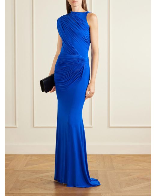 Alex Perry Blue Asymmetric Gathered Stretch-Jersey Gown