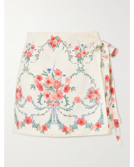 Agua Bendita White Luna Mosqueta Floral-Print Linen Mini Wrap Skirt