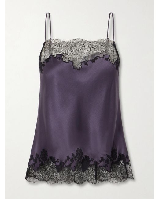 Carine Gilson Purple Lace-Trimmed Silk-Satin Camisole