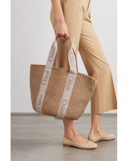 CHLOÉ Woody large embroidered leather-trimmed nylon tote