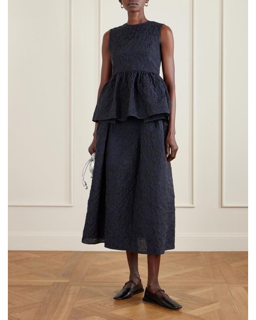 CECILIE BAHNSEN Blue Fabiola Embroidered Cotton-Blend Cloqué Midi Skirt