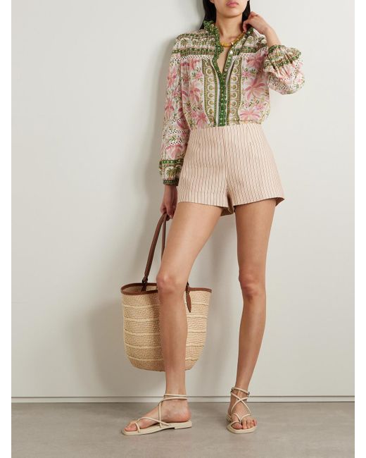 Farm Rio Pink Crochet-Trimmed Pintucked Printed Cotton-Voile Blouse