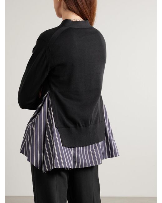 Sacai Black Layered Striped Cotton Poplin-Trimmed Cotton-Blend Jersey Cardigan