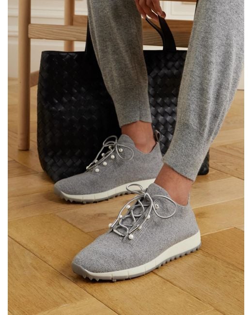 Jimmy Choo Gray Veles Faux Pearl-Embellished Knitted Sneakers