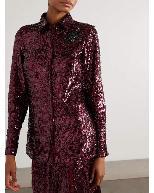 Erdem Red Frayed Sequined Crepe De Chine Midi Skirt