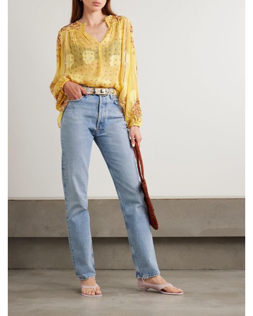 Ulla Johnson Yellow Aster Picot-Trimmed Printed Silk-Blend Crepon Blouse