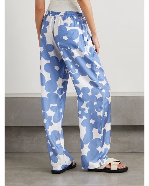 Marni Blue Floral-Print Silk-Satin Twill Straight-Leg Pants