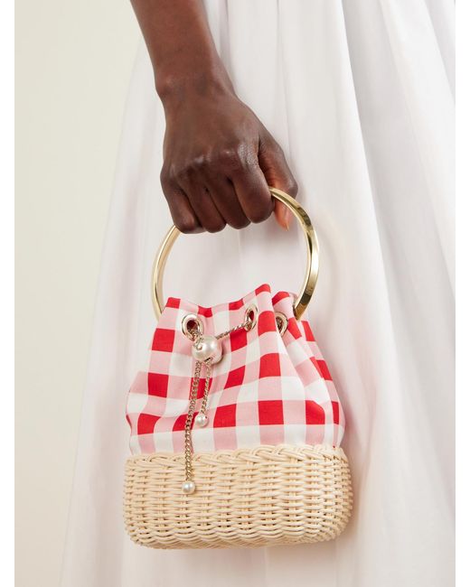 Jimmy Choo Red Bon Bon Embellished Woven Raffia Checked Woven Bucket Bag
