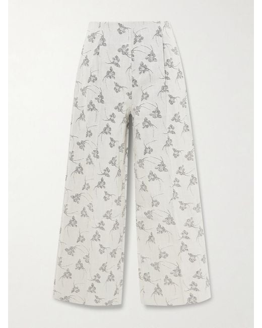 D'Estree White Martha Floral Denim-Jacquard Wide-Leg Pants