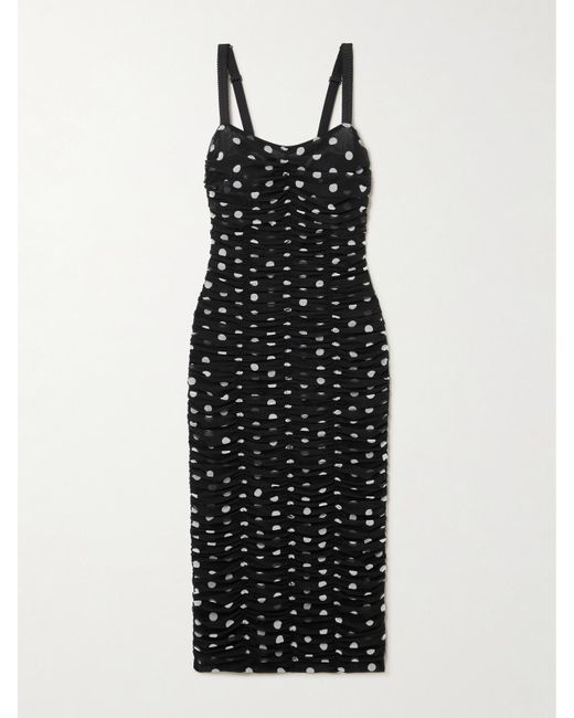 Dolce & Gabbana Black Ruched Polka-Dot Tulle Midi Dress