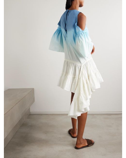 J.W. Anderson Blue Cold-Shoulder Tiered Ruffled Dégradé Cotton-Poplin Mini Dress