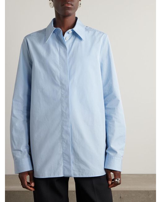 Jil Sander Blue Monday Embroidered Striped Cotton-Poplin Shirt