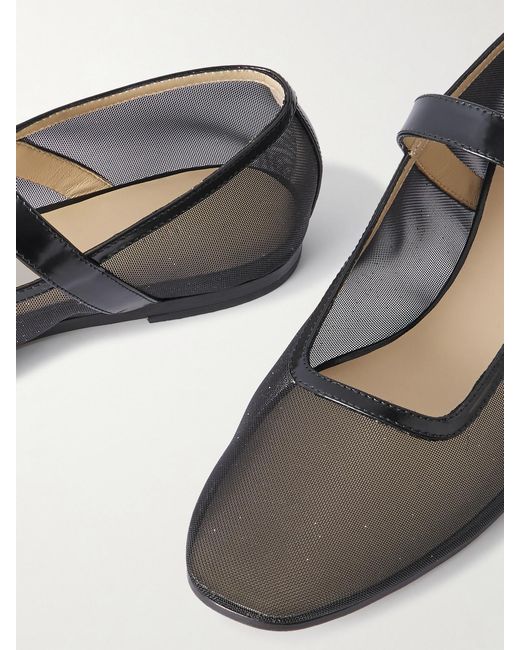 Le Monde Beryl White Patent Leather-Trimmed Glittered Mesh Mary Jane Ballet Flats