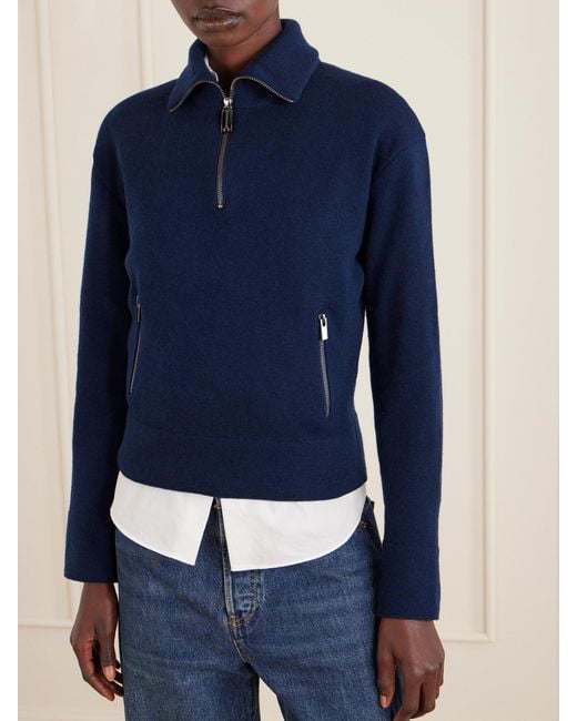 Victoria Beckham Blue Milano Merino Wool And Cashmere-Blend Half-Zip Sweater