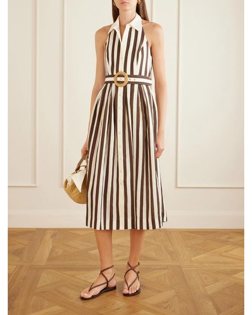 Cara Cara White Quentin Belted Pleated Striped Cotton-Poplin Halterneck Midi Dress