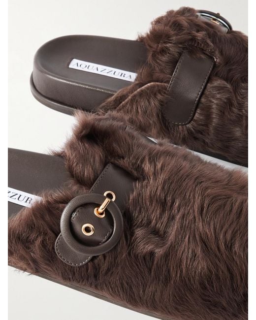 Aquazzura Brown Cuddle Buckled Leather-Trimmed Shearling Slip-Ons