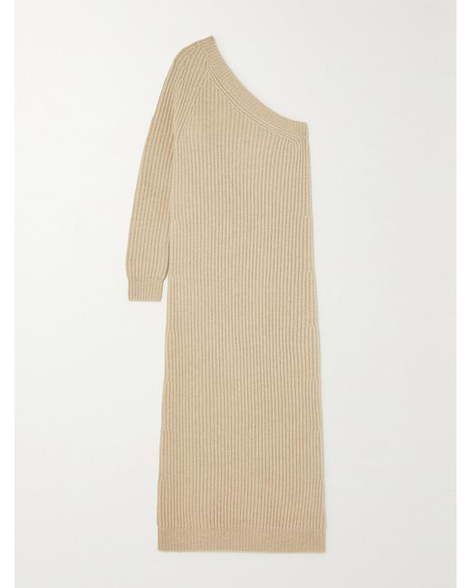 Max Mara Natural One-shoulder Ribbed Wool And Cashmere-blend Midi Dress