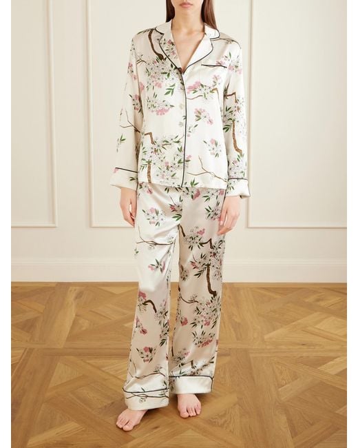 Olivia Von Halle White Lila Floral-Print Silk-Satin Pajama Set