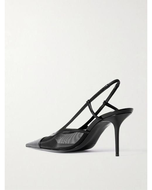 Saint Laurent White Renée Cassandre-Embroidered Patent Leather-Trimmed Mesh Slingback Pumps
