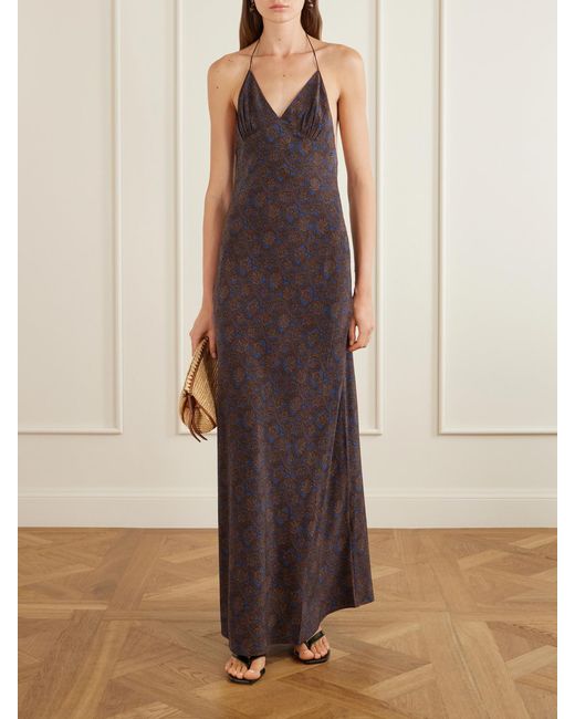 Matteau Purple Open-Back Printed Silk-Crepe De Chine Halterneck Maxi Dress