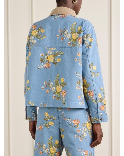 Veronica Beard Blue Leighton Corduroy-Trimmed Floral-Print Denim Jacket