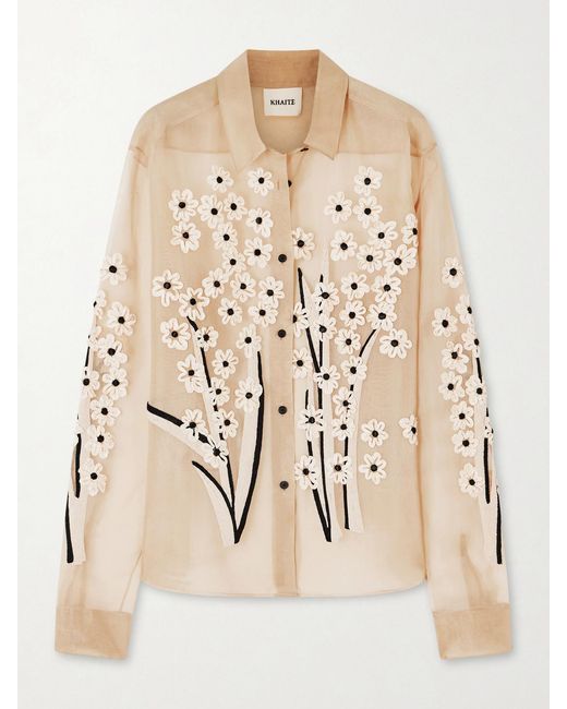 Khaite Natural Appliquéd Embroidered Silk-Organza Shirt