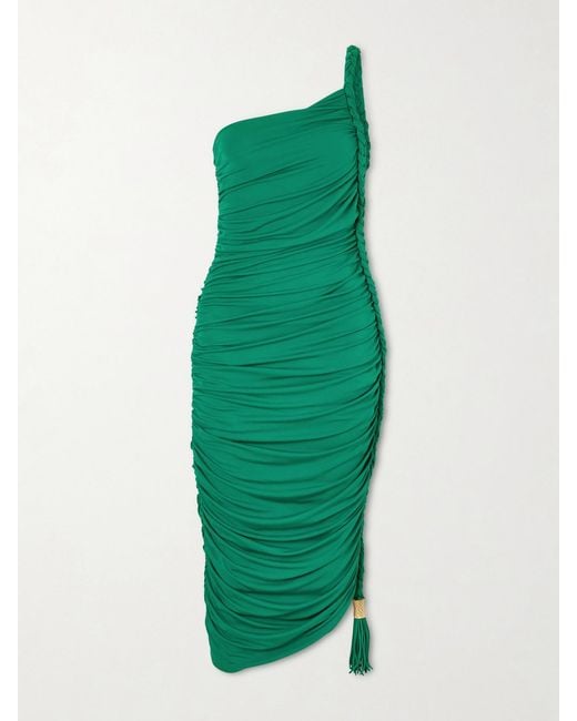 Jonathan Simkhai Green Alessia One-Shoulder Asymmetric Tasseled Ruched Stretch-Jersey Midi Dress