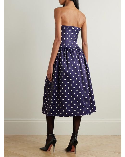 Self-Portrait Blue Strapless Pleated Polka-Dot Satin Midi Dress