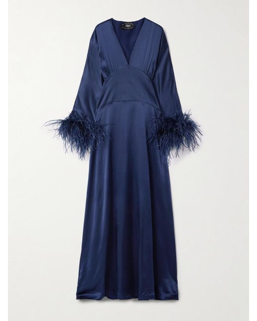 ‎Taller Marmo Blue Elvira Feather-Trimmed Silk-Satin Gown