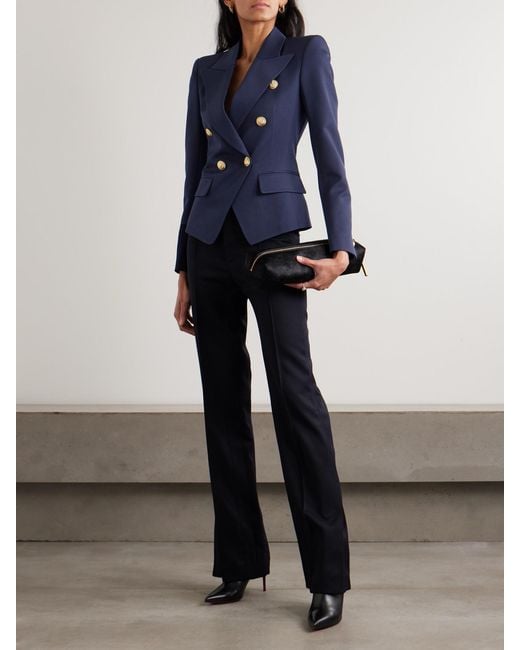 Balmain Blue Double-Breasted Grain De Poudre Wool Blazer