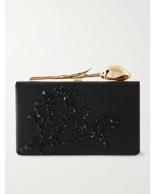 Erdem Black Bloom Embellished Satin Clutch