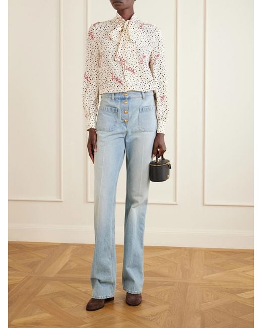 Valentino Garavani White Pussy-Bow Polka-Dot Silk Crepe De Chine Blouse