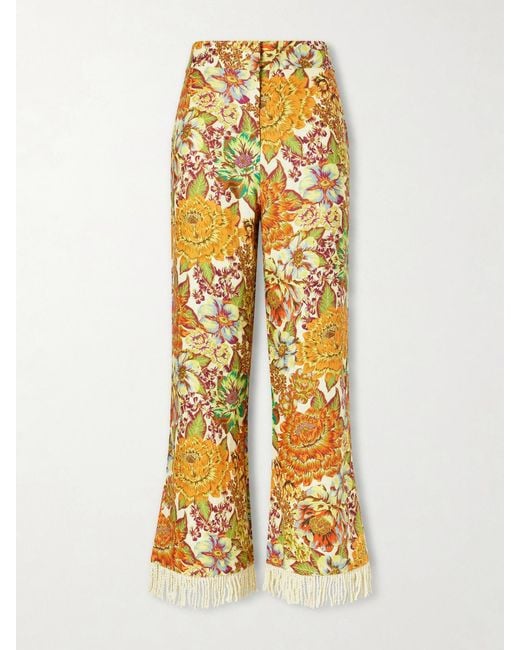 ALÉMAIS Yellow Lana Fringed Floral-Print Linen Flared Pants
