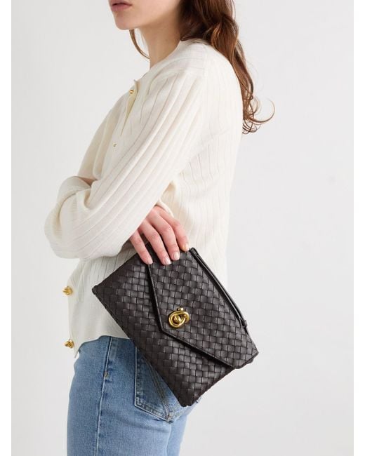 Bottega Veneta Black Knot Lock Medium Intrecciato Leather Shoulder Bag