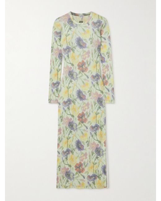 Robe Midi En Soie Et Coton Mélangés Côtelés À Imprimé Fleuri Loewe en coloris White