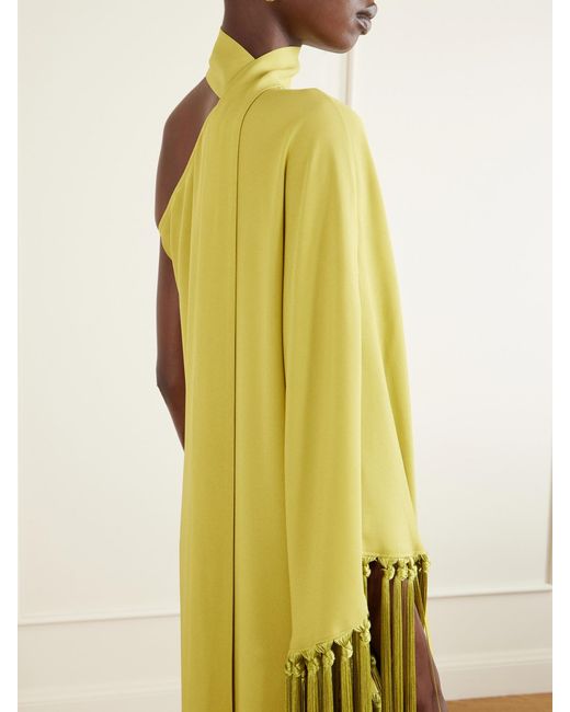 Taller Marmo Yellow Gunilla One-Shoulder Scarf-Detailed Fringed Crepe Mini Dress