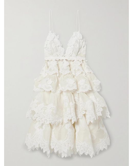 Mini-Robe En Lin Et Soie Mélangés À Finitions En Dentelle Et À Volants Crush Zimmermann en coloris Natural