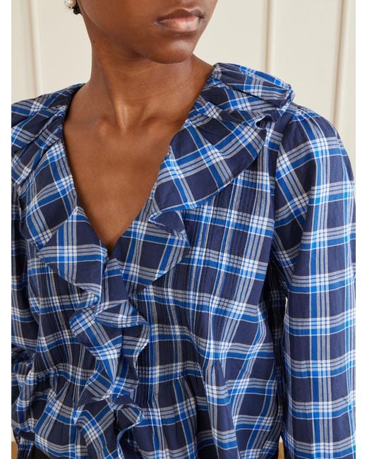 Doen Blue Hardy Checked Shirred Organic Cotton Blouse