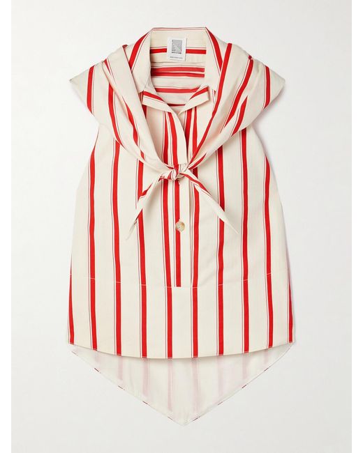 Rosie Assoulin Red Kerchief Striped Herringbone Cotton-Blend Halterneck Top