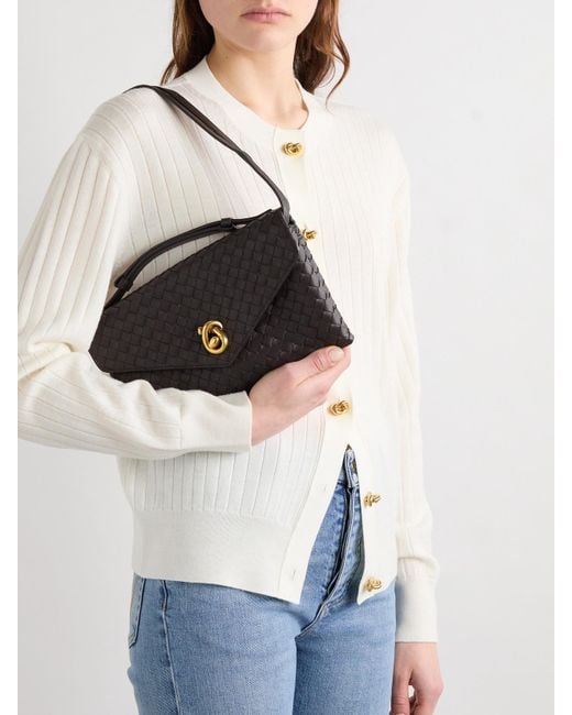 Bottega Veneta Black Knot Lock Medium Intrecciato Leather Shoulder Bag
