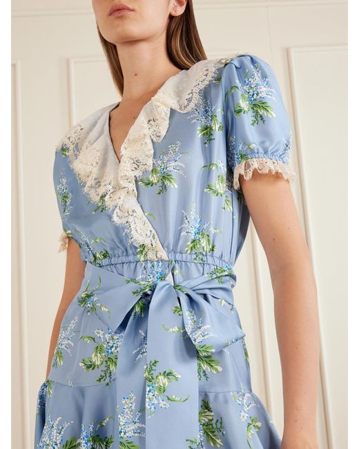Rodarte Blue Ruffled Lace-Trimmed Floral-Print Silk-Twill Mini Dress