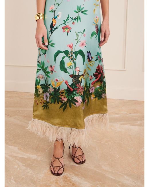 LaDoubleJ Blue Swing Feather-Trimmed Printed Silk-Twill Maxi Dress