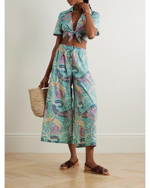 Etro Blue Knotted Cropped Cotton And Silk-Blend Voile Shirt