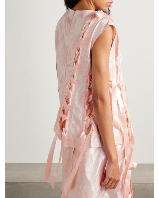 Simone Rocha Pink Unraveling Ribbon Lace-Up Frayed Brocade Top