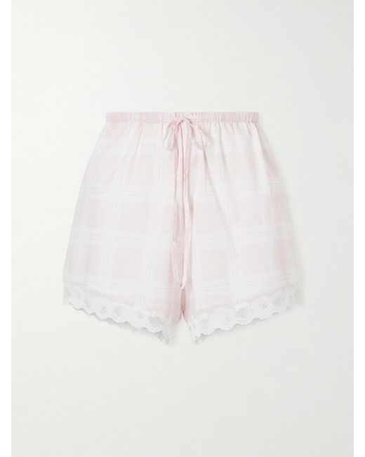 Posse Natural Marilyn Lace-Trimmed Checked Cotton Shorts