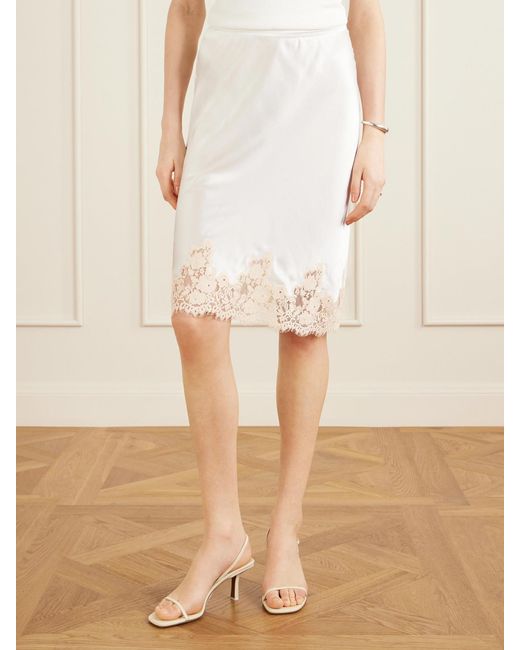 Doen White Elowette Lace-Trimmed Silk-Satin Midi Skirt