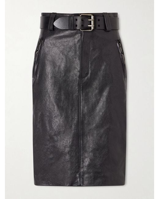 Saint Laurent Black Belted Textured-Leather Skirt