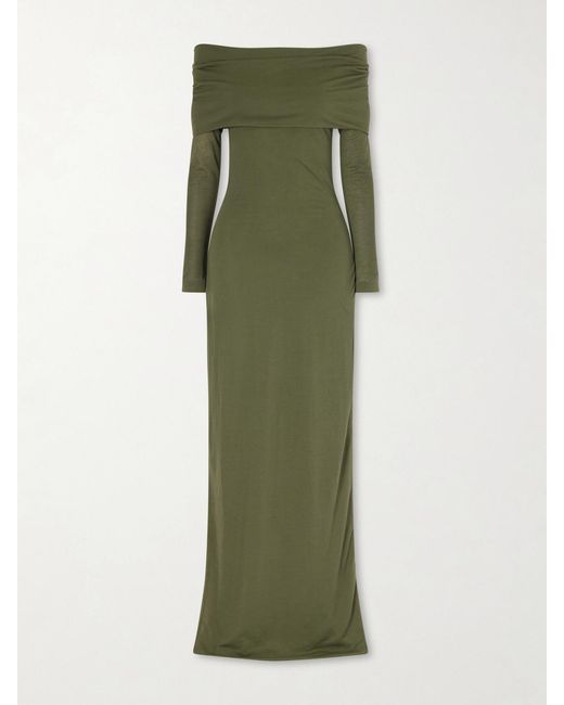 Balenciaga Green Off-Shoulder Cotton-Blend Maxi Dress